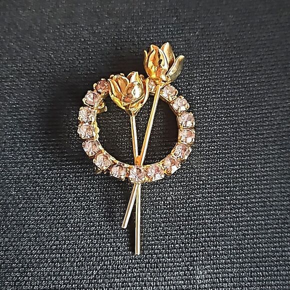 Vintage Gold Flower & Rhinestone Pin Brooch - Picture 2 of 8